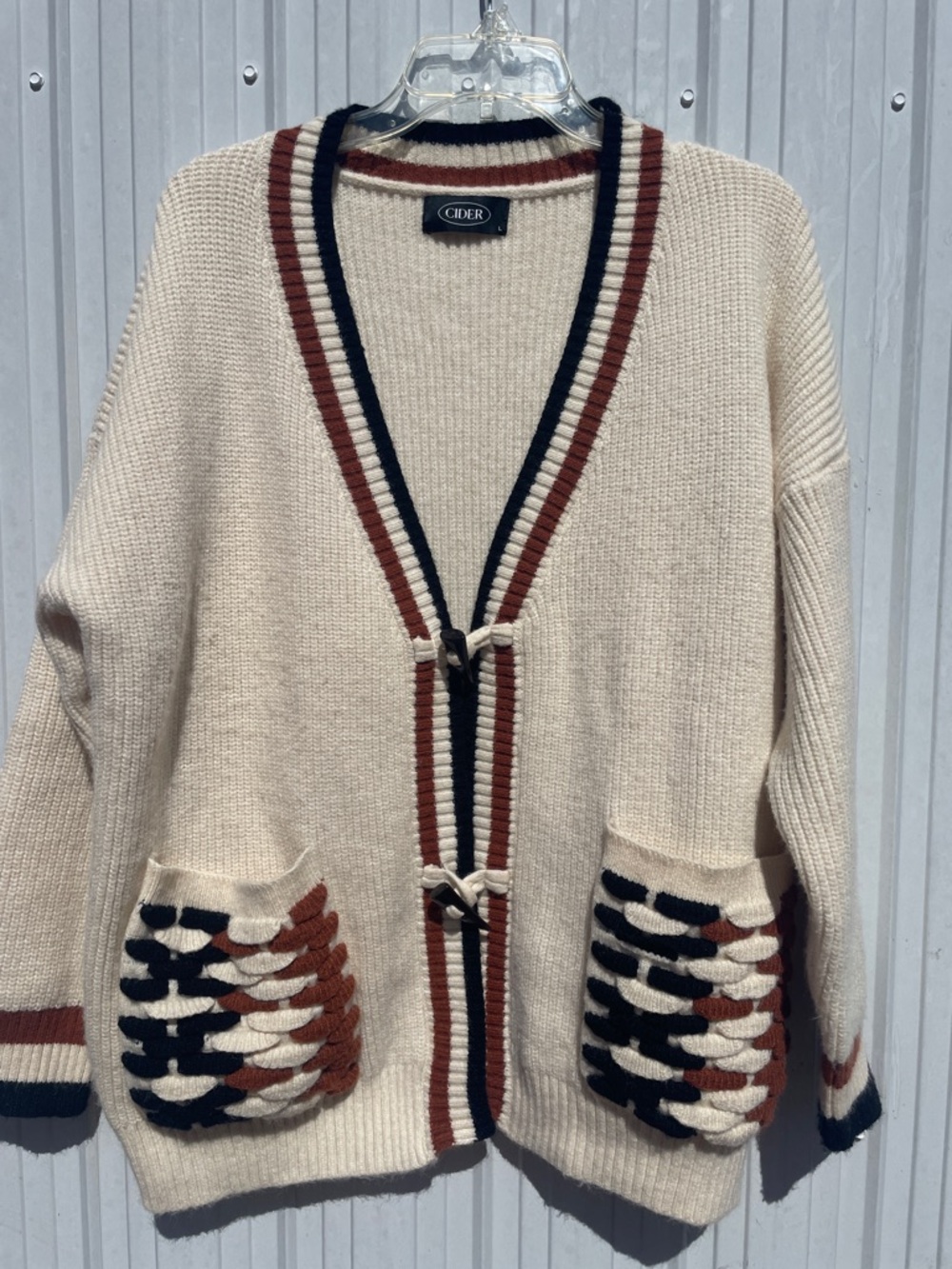 Cider Cream Cardigan with Black and Rust Trim Detailing